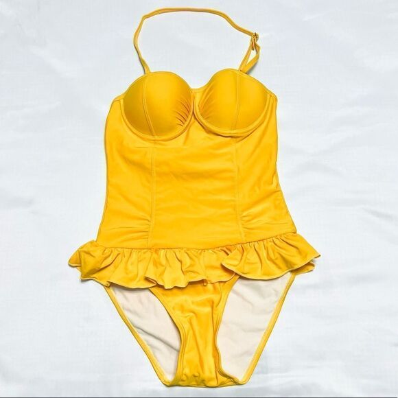 One Piece Swimsuit With Ruffle Mustard Yellow Size Small New - Picture 1 of 13
